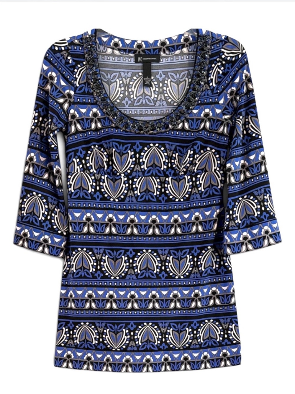INC International Concepts Blue Retro Beaded Neckline Puckered Bodice Size M